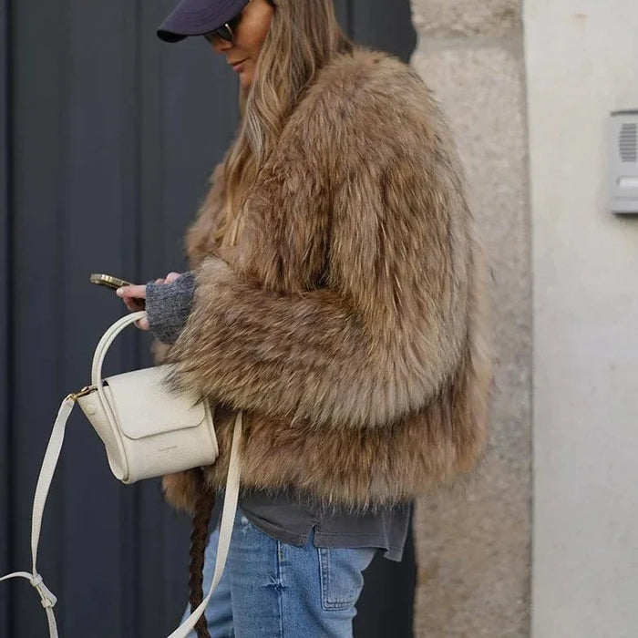 Women's Shaggy Faux Fur Jacket with Cropped Cut