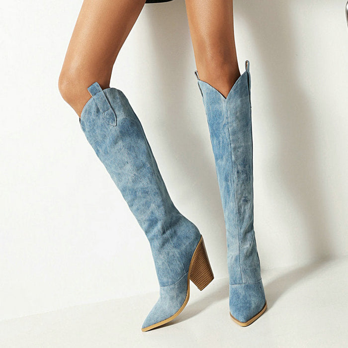 Women's Knee-High Pointed Toe Boots with Block Heel