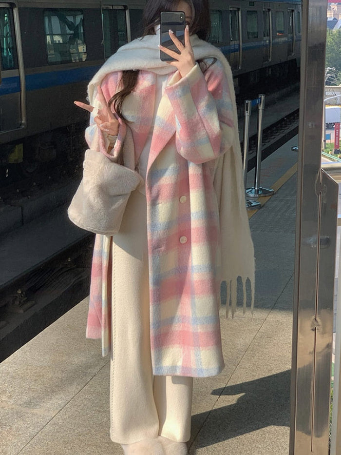 Women's Hooded Check Coat with Contrast Pockets