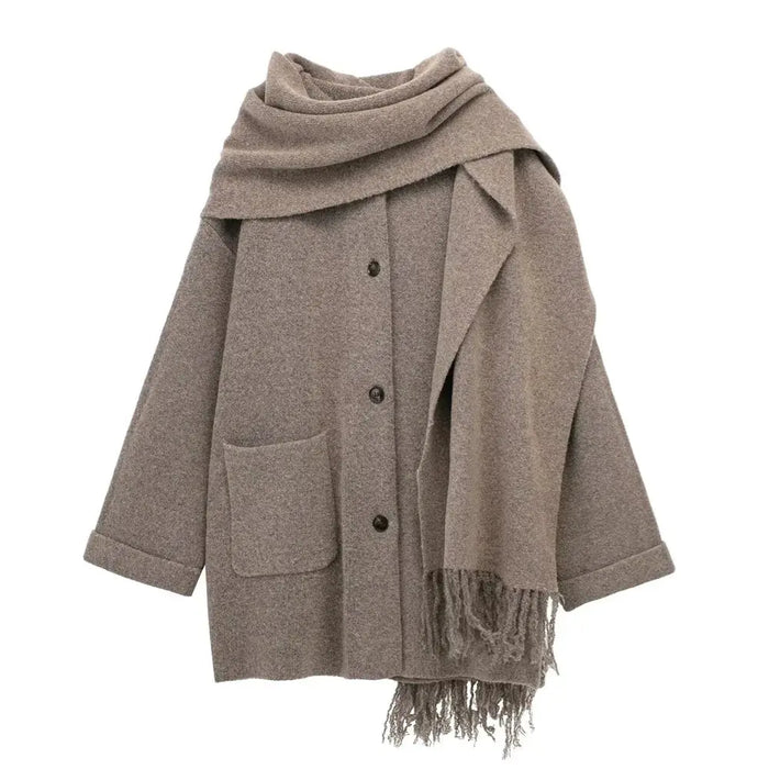 Women's Oversized Wool Coat with High Neck and Pockets