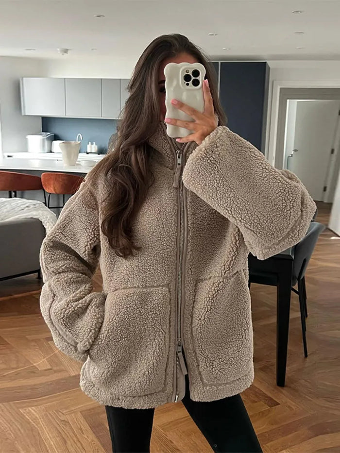 Women's Teddy Fleece Jacket with High Collar and Zip Front