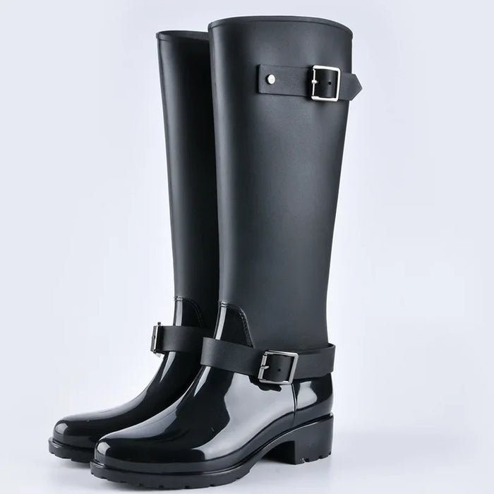 Women's Knee-High Rain Boots with Buckle Detail and Block Heel