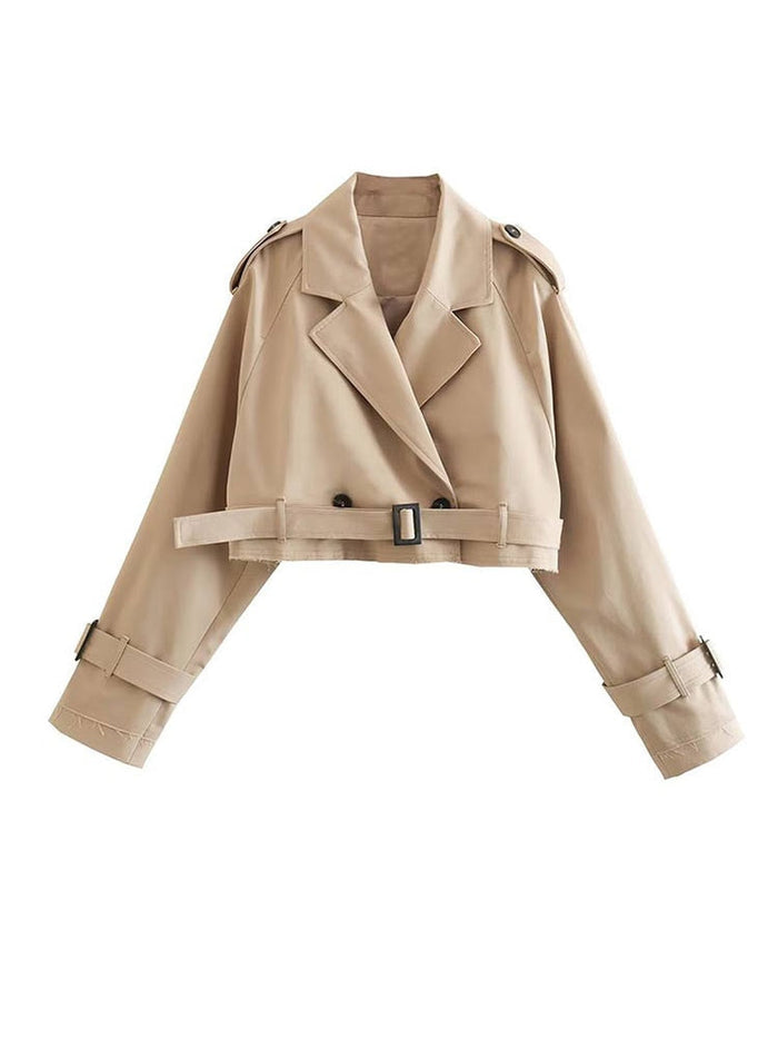 Women's Cropped Trench Coat with Buckle Cuff Detail