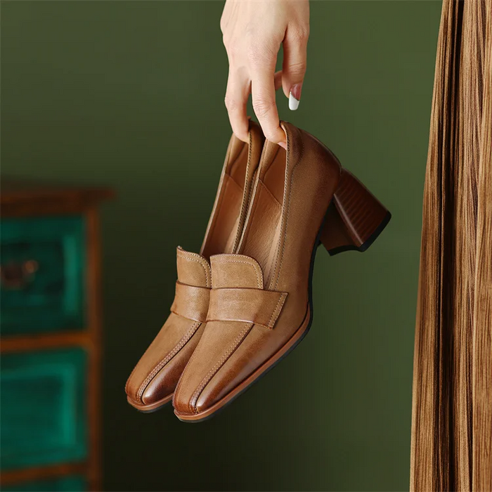 Women's Square Toe Block Heel Loafers Slip-On
