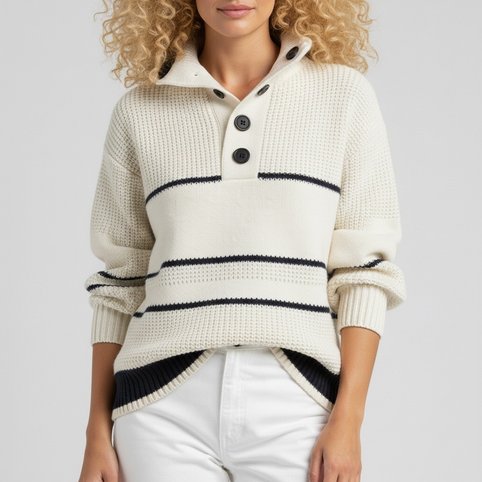 Women's Striped Knit Jumper with Collar and Button Placket