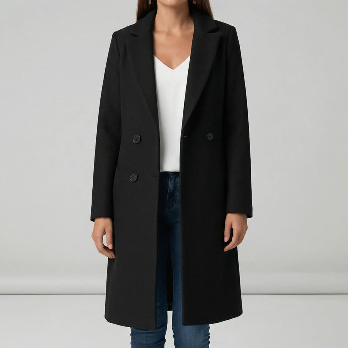 Women's Double-Breasted Longline Coat with Notch Collar