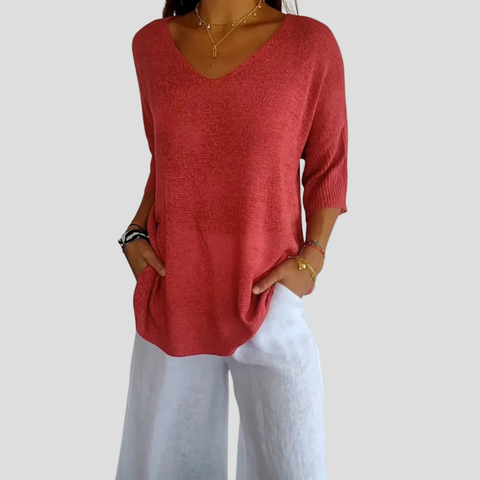 Women's V-Neck Knit Top with Three-Quarter Sleeves