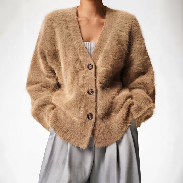 Women's V-Neck Button-Front Cardigan with Long Sleeves