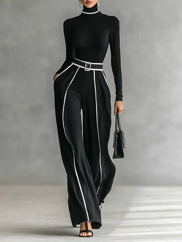Linda | High-Neck Top & Wide-Leg Trousers Set with Belt