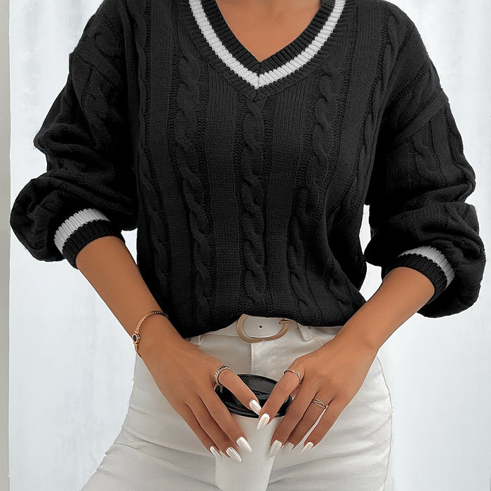 Women's Cable-Knit V-Neck Jumper with Contrast Trim