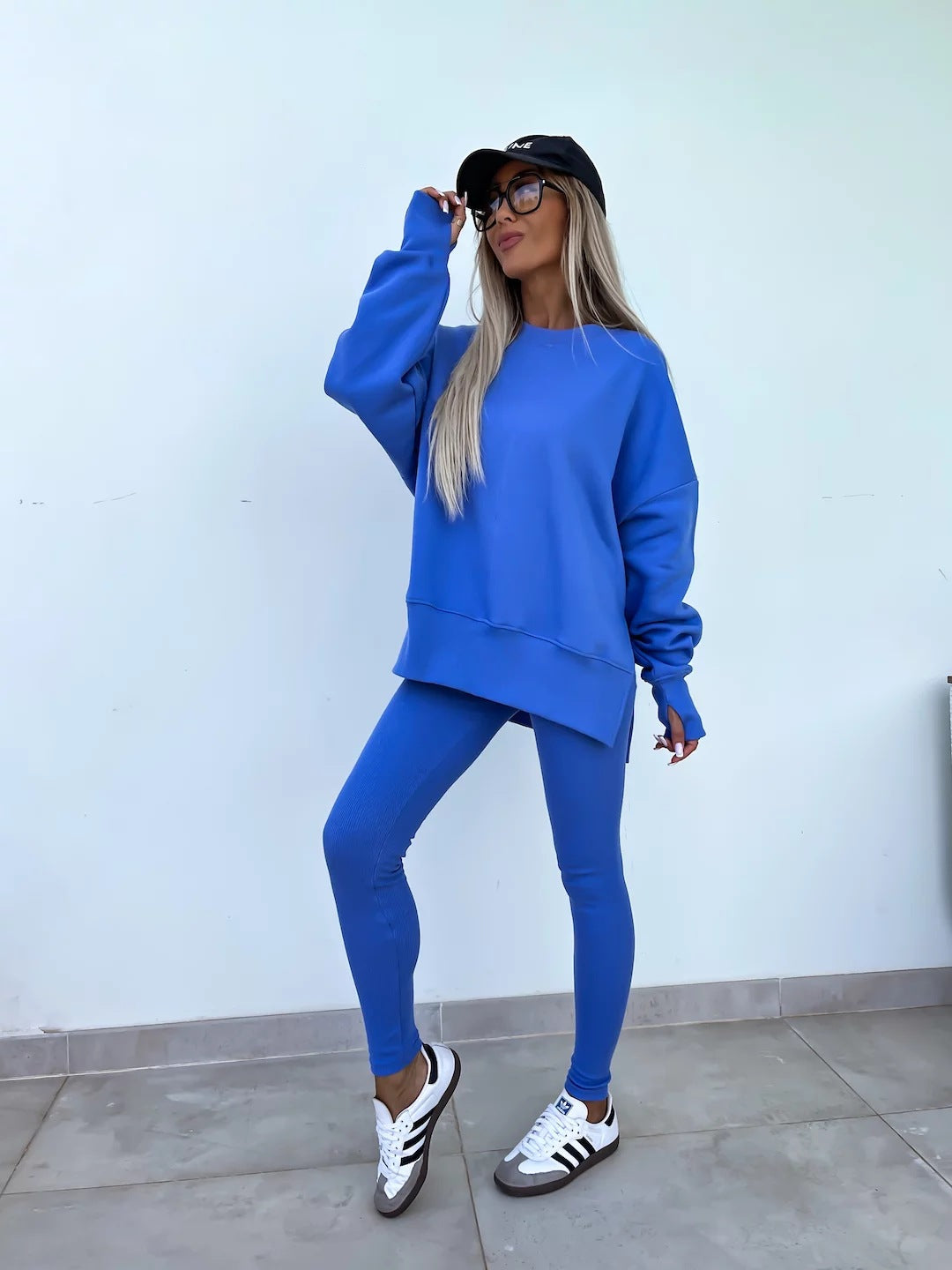 Casual Jumper Suit, Loose Crew Neck Split Top and Tight Trousers