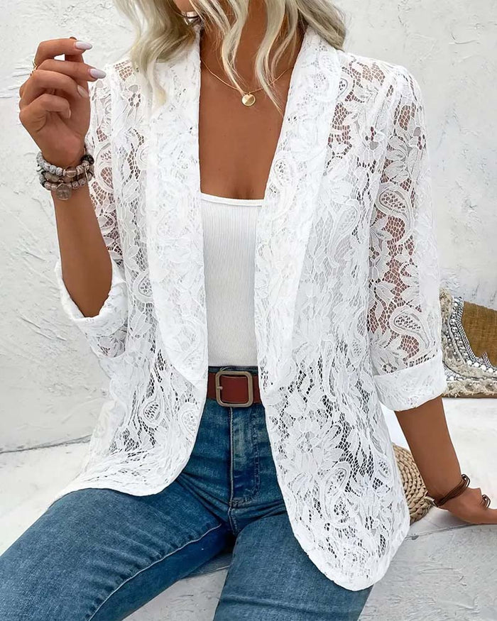 Women's Lace Blazer with Open Front and Regular Sleeves