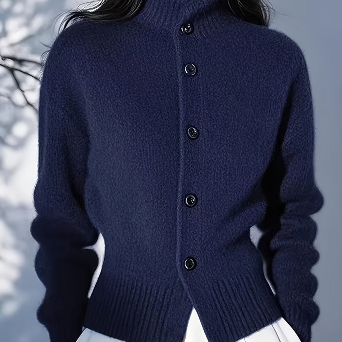 Women's High-Neck Button Cardigan with Ribbed Hem