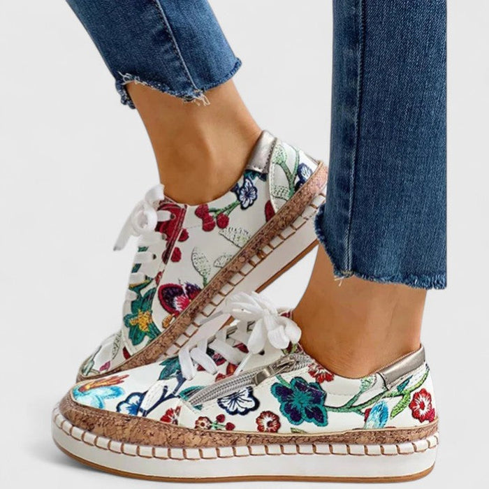 Dahlia | Women's Floral Print Platform Lace-Up Trainers with Cork Sole