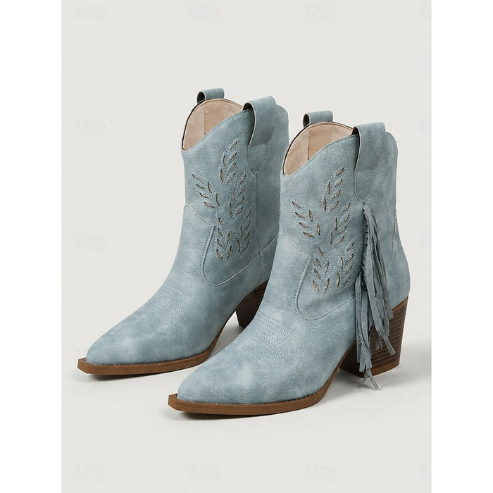 Women's Western Ankle Boots with Tassel and Block Heel