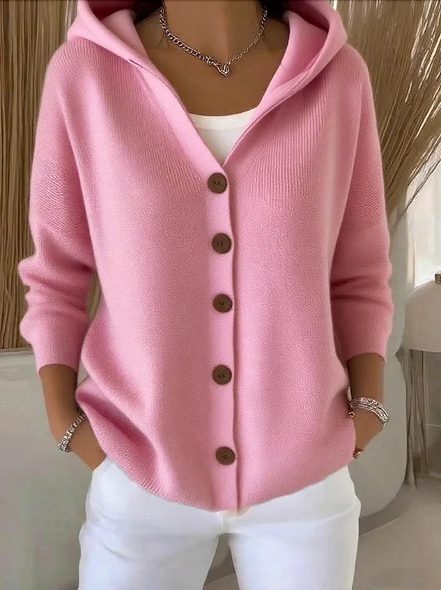 Women's Hooded Button-Front Cardigan with Rib-Knit Cuffs