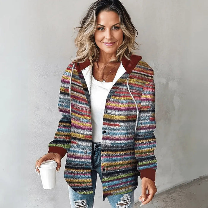 Women's Hooded Striped Cardigan with Button Front