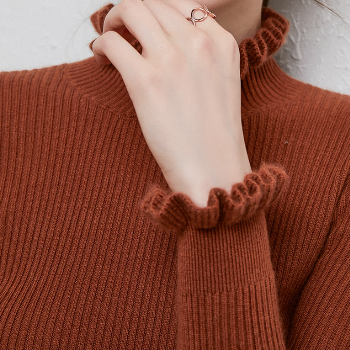 Women's Ribbed Roll Neck Jumper with Ruffle Trim
