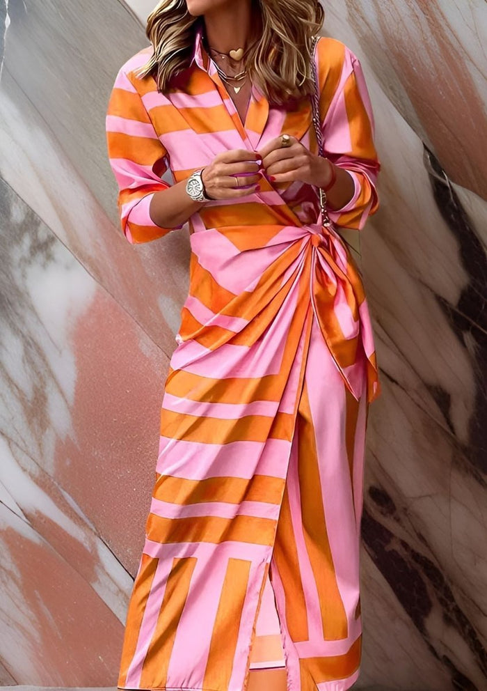 Women's Striped Wrap Midi Dress with V-Neck