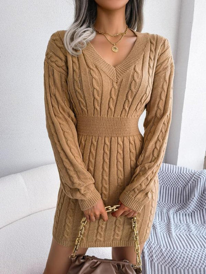 Women's Cable Knit Bodycon Dress Long Sleeve V-Neck