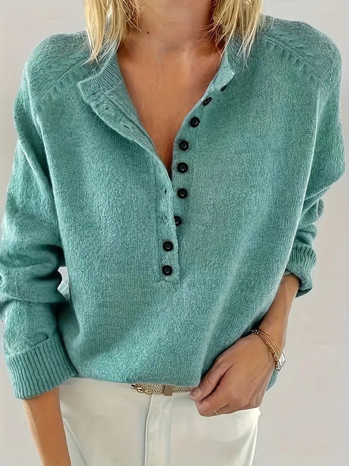 Women's V-Neck Jumper with Button Detail and Relaxed Fit