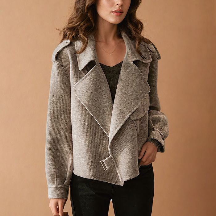 Women's Cropped Biker Jacket with Wide Lapel Collar