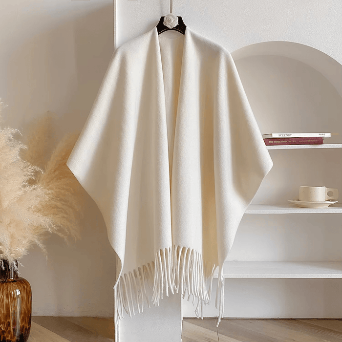 Women's Reversible Wrap Poncho with Fringe Detail