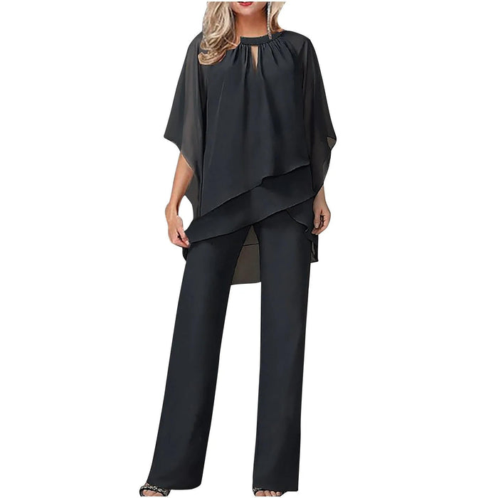 Vivienne | Women's Chiffon Overlay Batwing Sleeve Wide Leg Trousersuit