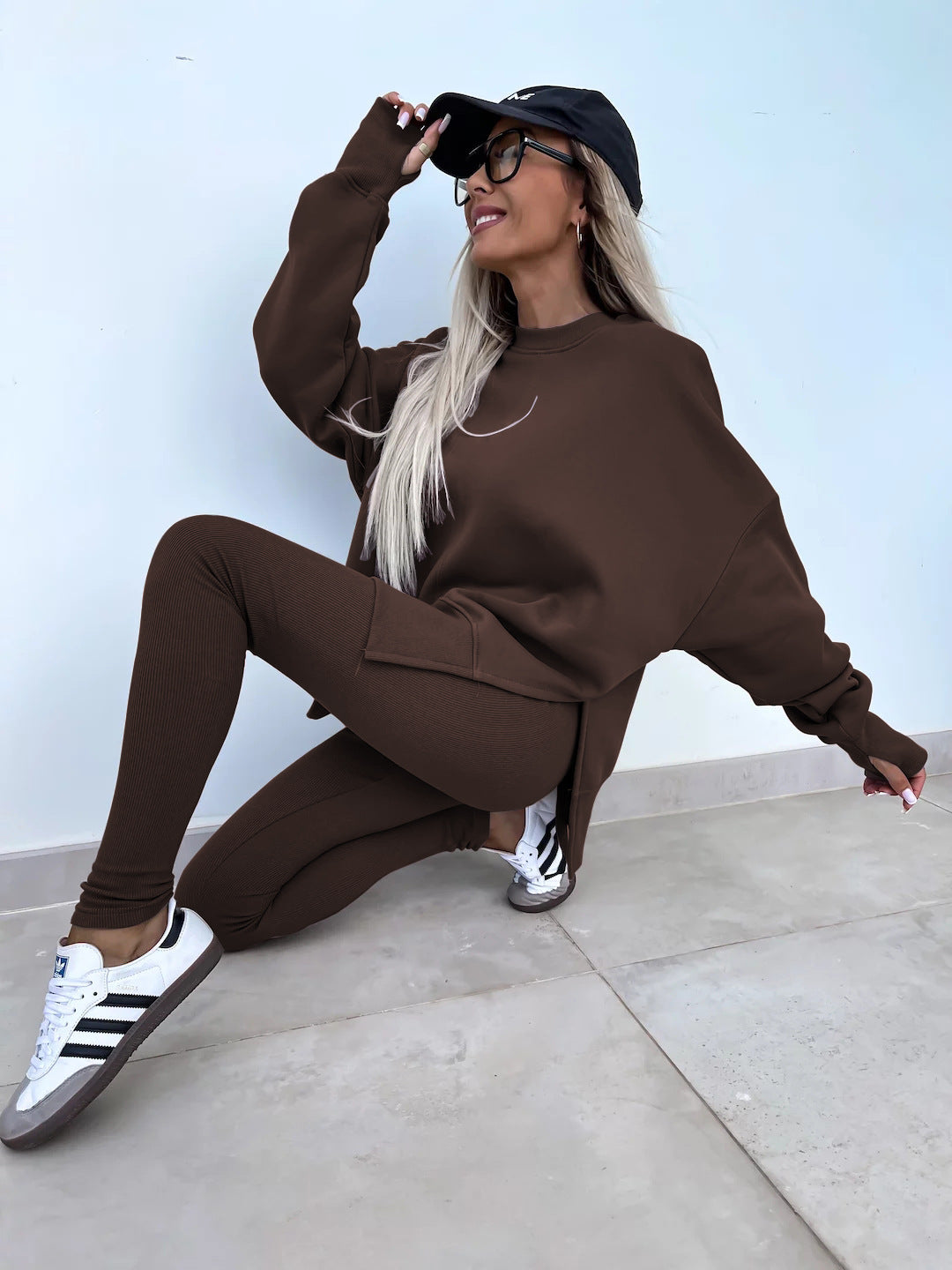 Casual Jumper Suit, Loose Crew Neck Split Top and Tight Trousers