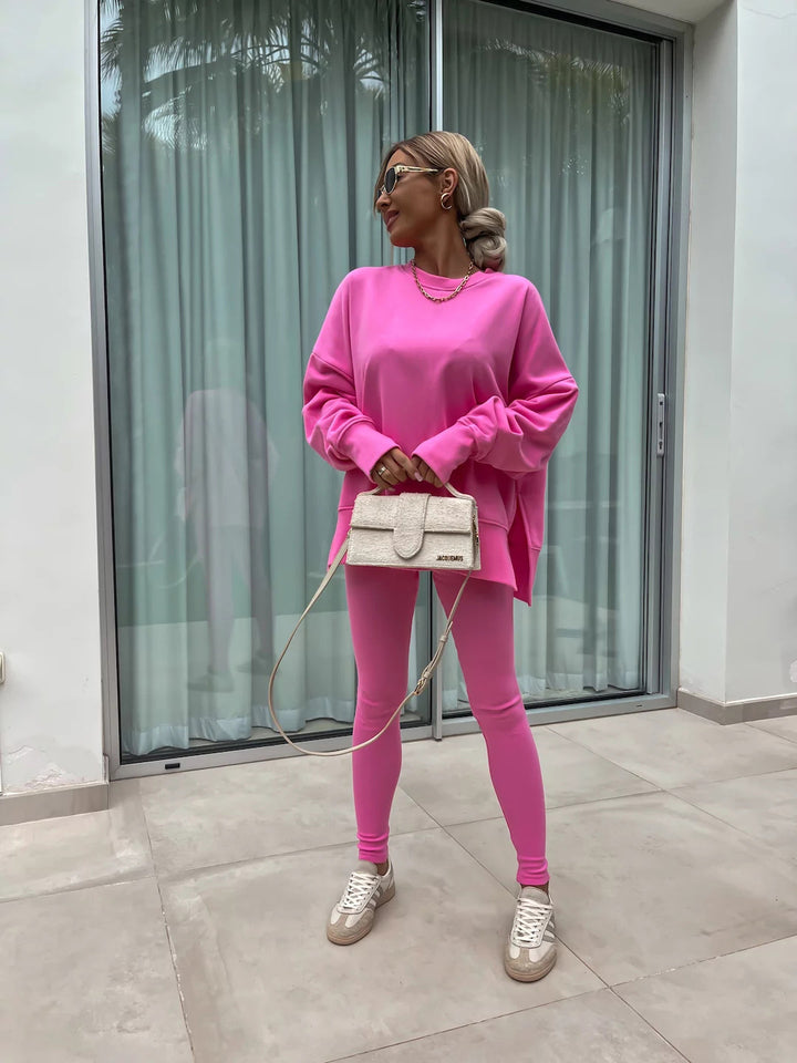 Casual Jumper Suit, Loose Crew Neck Split Top and Tight Trousers