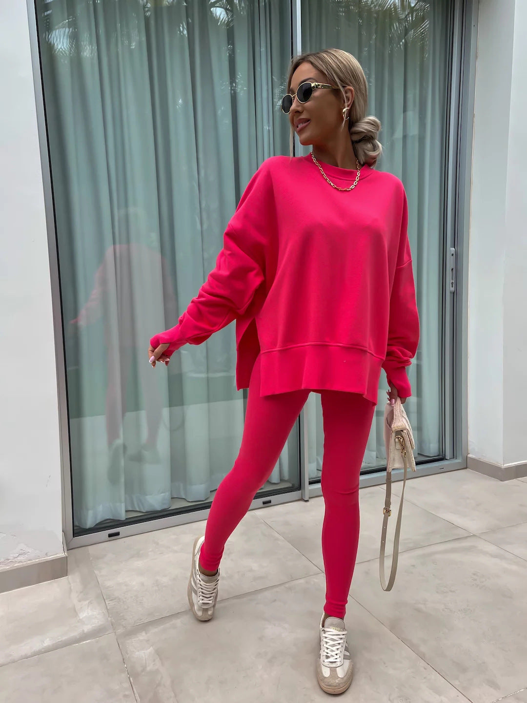 Casual Jumper Suit, Loose Crew Neck Split Top and Tight Trousers