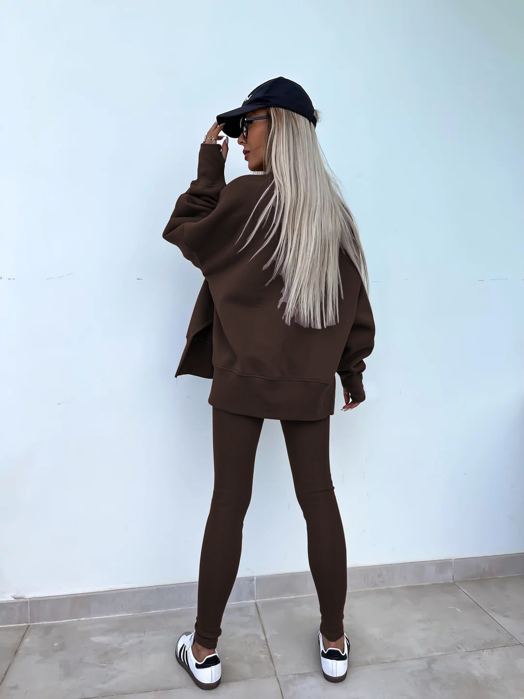 Casual Jumper Suit, Loose Crew Neck Split Top and Tight Trousers
