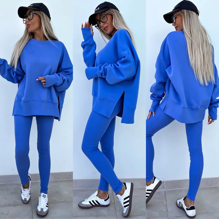 Casual Jumper Suit, Loose Crew Neck Split Top and Tight Trousers