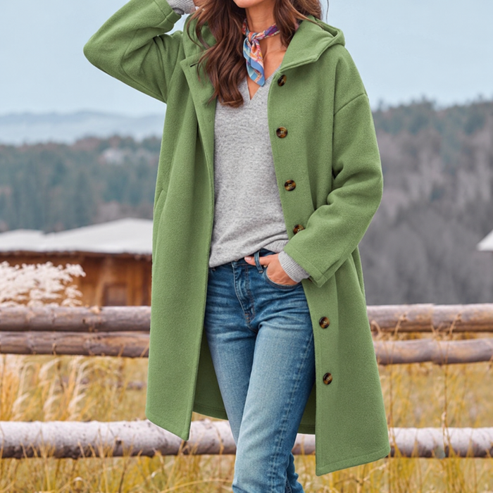 Women's Longline Hooded Coat with Button Fastening