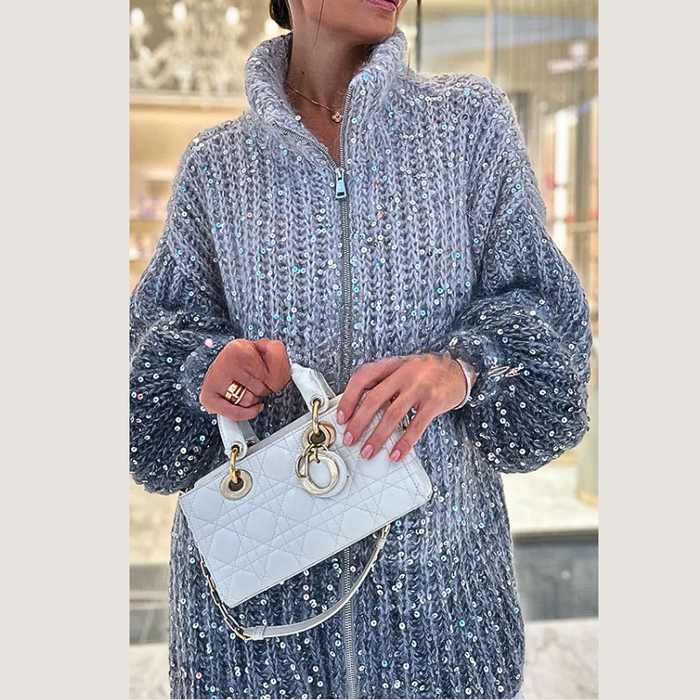 Women's Sequin Zip-Up Cardigan with Ribbed Knit Detail