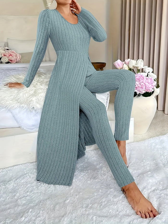 Women's Ribbed Lounge Set Long Tunic Wide-Leg Trousers