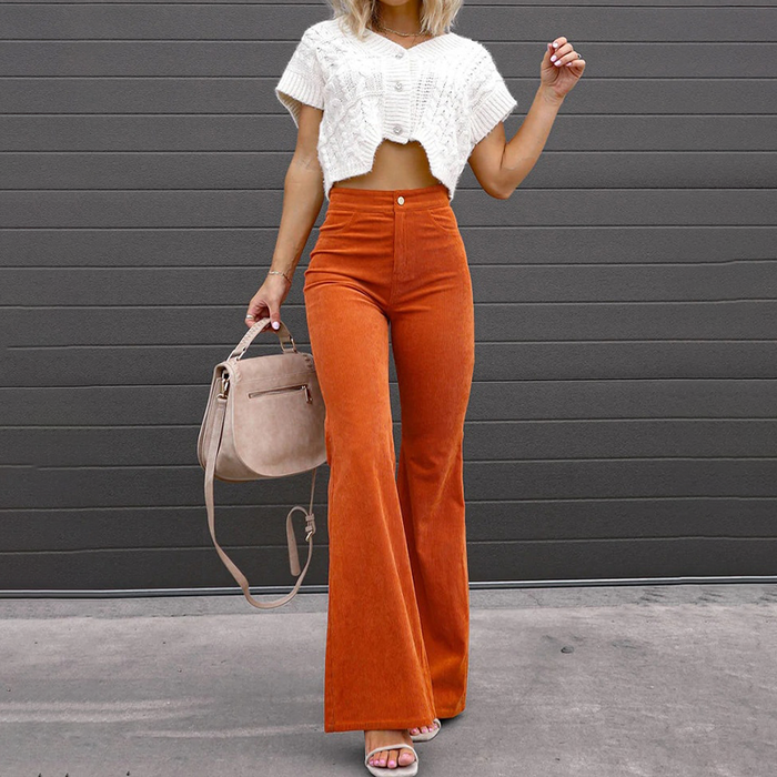 Women's High-Waist Flared Trousers with Button Closure