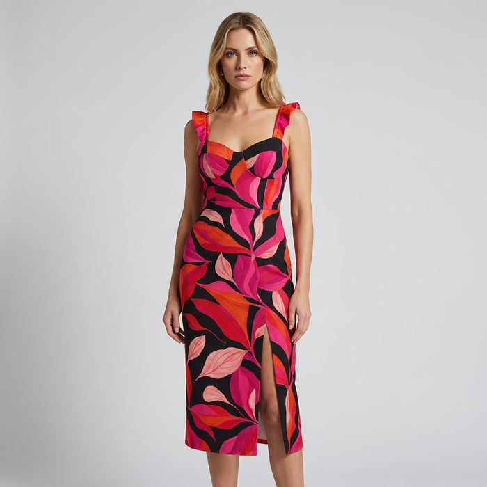 Women's Printed Midi Dress with Ruffle Straps and Side Slit
