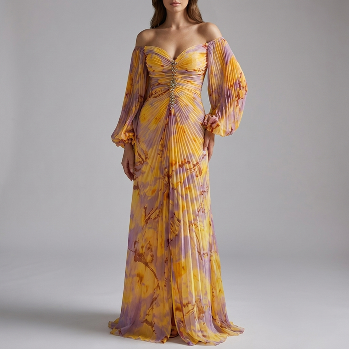 Women's Off-Shoulder Pleated Maxi Dress with Embellishment