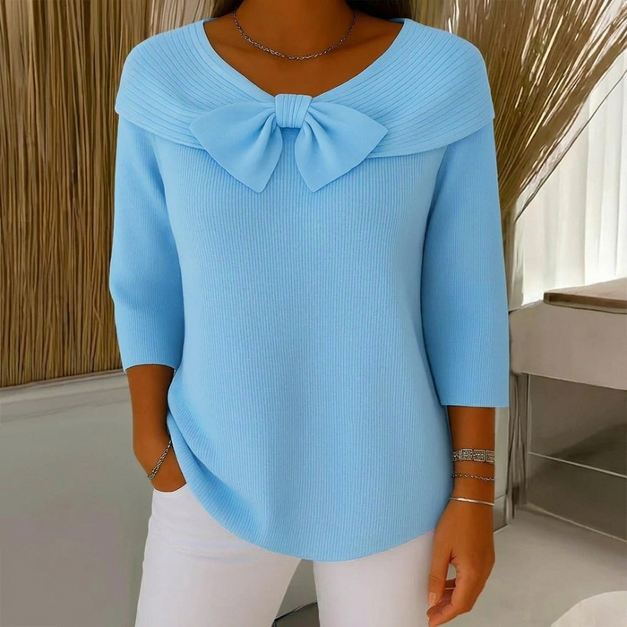 Women's Bow-Detail Ribbed Jumper with Round Neckline