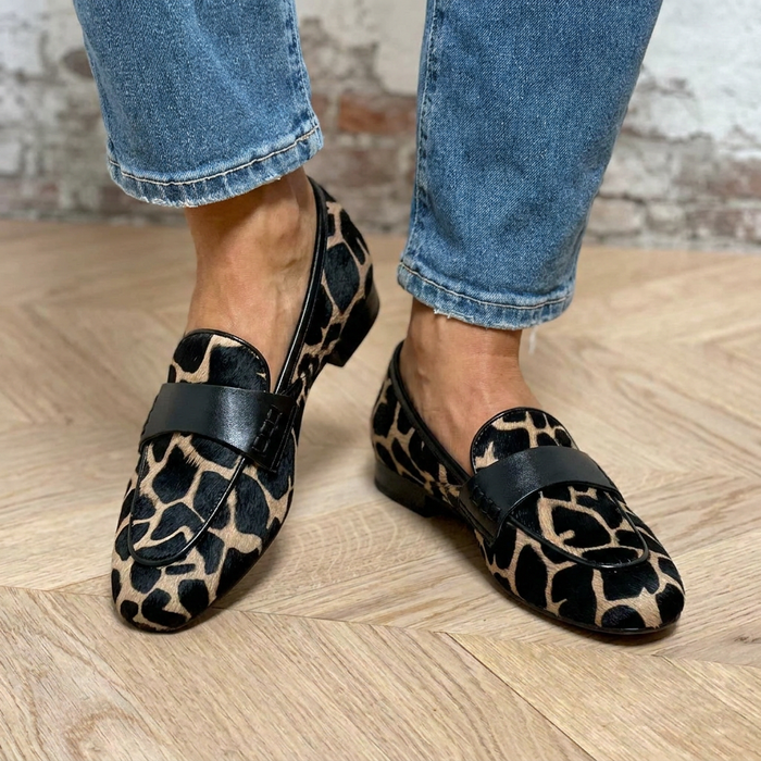 Women's Cow Print Loafers Slip-On with Block Heel