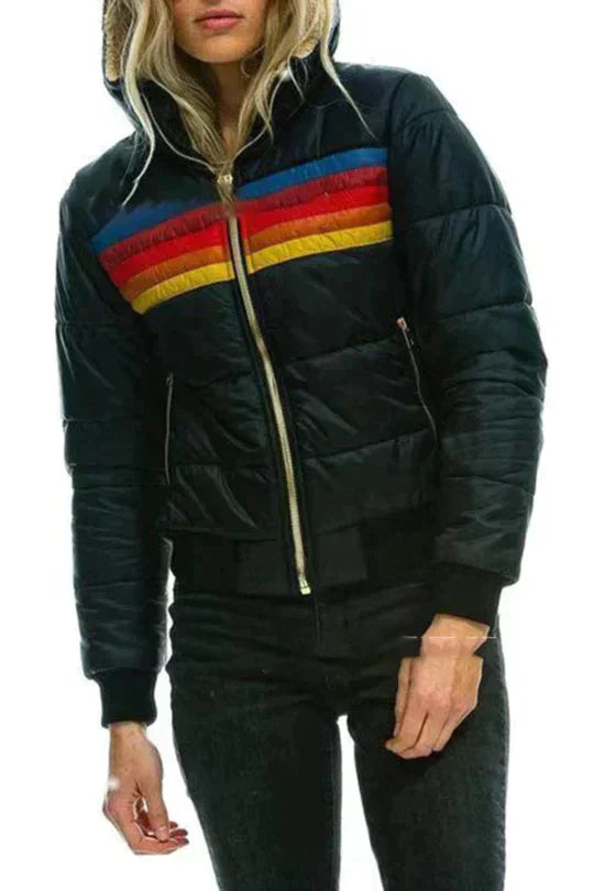 Women's Striped Puffer Jacket with Hood and Zip Front
