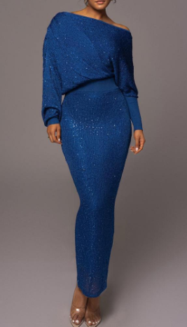 Women's Off-Shoulder Sequin Maxi Dress Long Sleeve