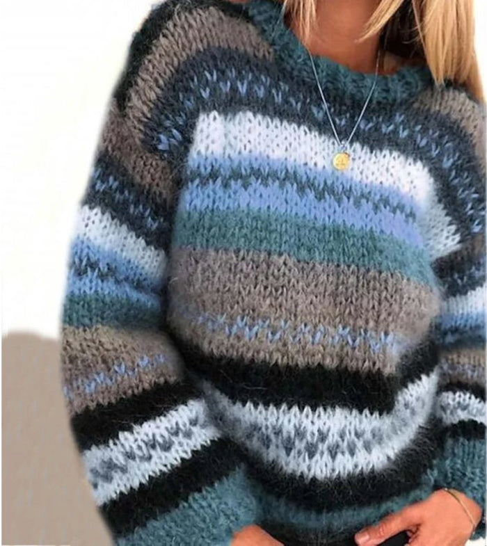 Women's Striped Knit Jumper with Round Neck Relaxed Fit