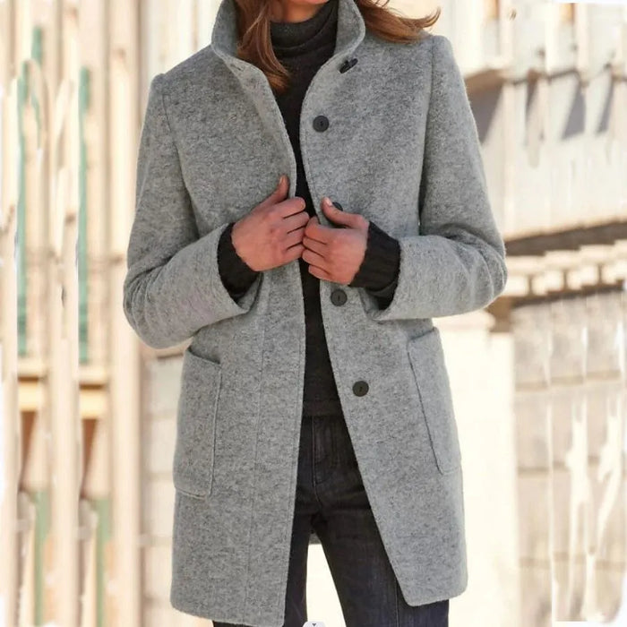 Women's Button-Front Coat Stand Collar Mid-Length