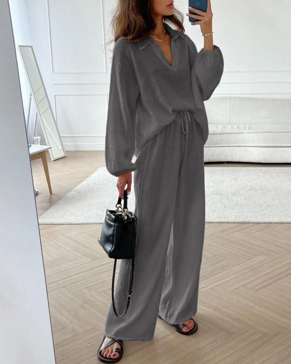 Women's Collared Shirt and Wide-Leg Trousers Co-ord Set