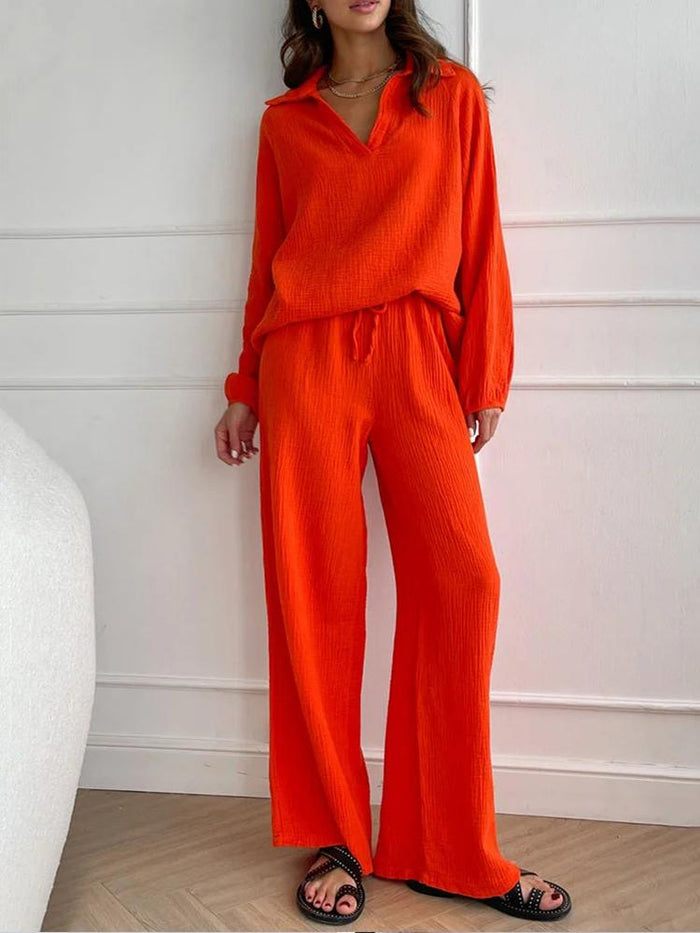 Women's Collared Shirt and Wide-Leg Trousers Co-ord Set