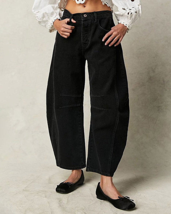 Women's Barrel-Leg Jeans with Button Fly and Distressed Detail