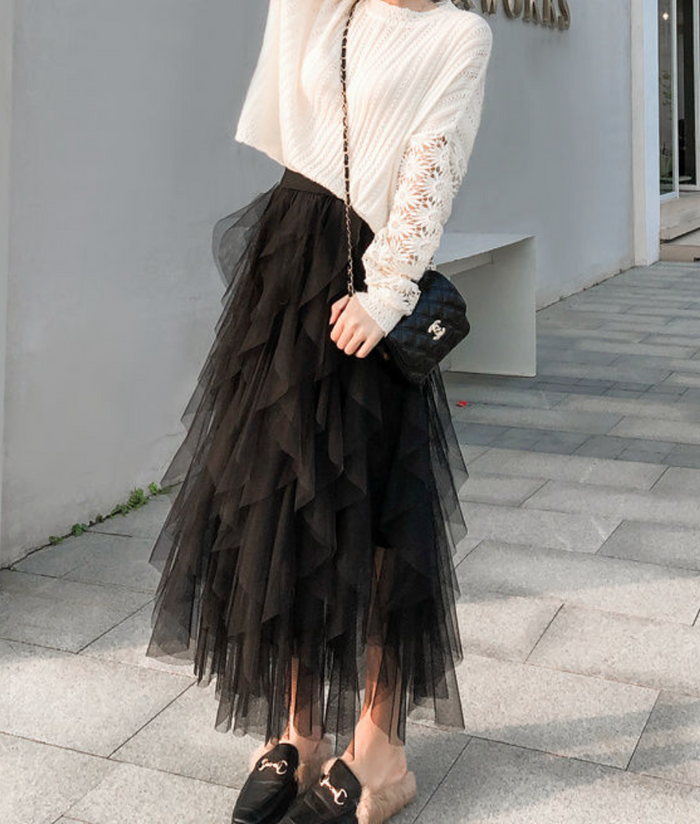 Women's Layered Mesh Maxi Skirt with Ruffle Tiers