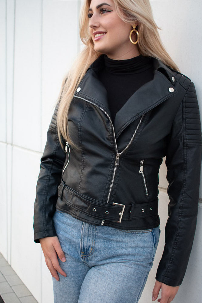 Women's Biker Jacket Stand Collar Zip Front Fitted